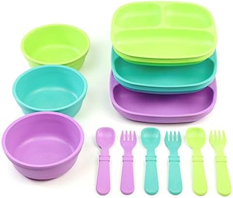 Re-play 3 Divided Toddler Plates, 3 Utensils Set and 3 Wide Base Bowls by Re-Play