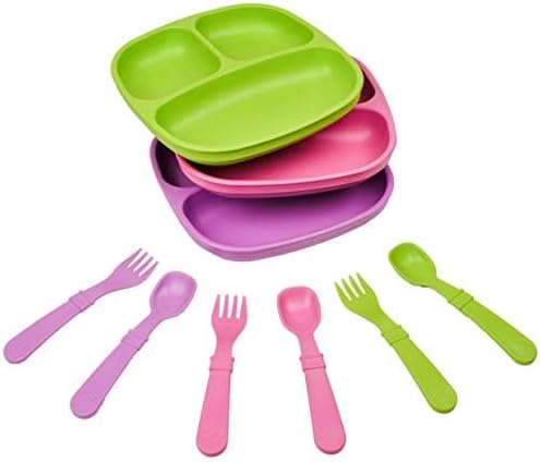 Re-play 3x3 Divided Toddler Plates and Utensils Set by Re-Play