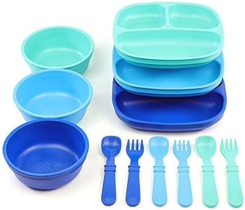 Re-Play 3x3 Divided Toddler Plates and Utensils Set - Image 2