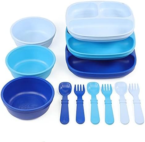 Re-Play 3 Divided Toddler Plates, 3 Utensils Set and 3 Wide Base Bowls by Re-Play