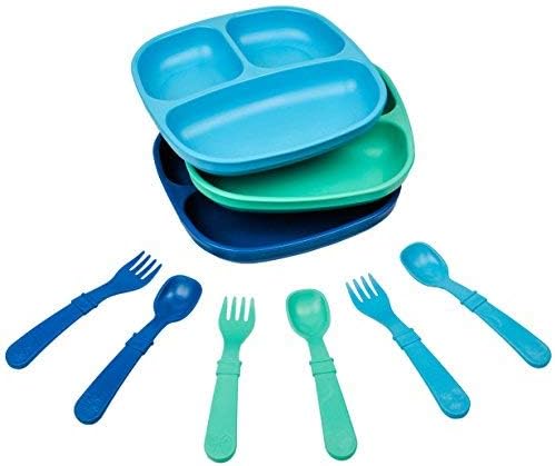 Re-Play 3x3 Divided Toddler Plates and Utensils Set by Re-Play