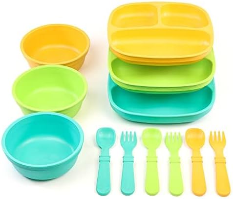 Re-Play 3 Divided Toddler Plates, 3 Utensils Set and 3 Wide Base Bowls by Re-Play