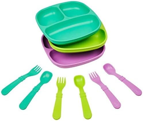 Re-Play 3x3 Divided Toddler Plates and Utensils Set by Re-Play
