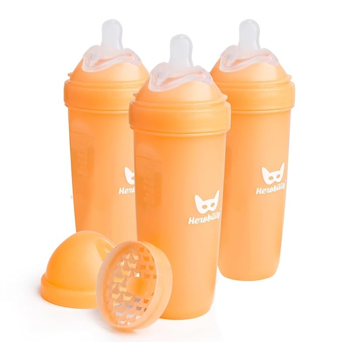 Herobility Double Anti-Colic Baby Bottles – 12 fl oz/340ml – 3-Pack – Peach by Herobility