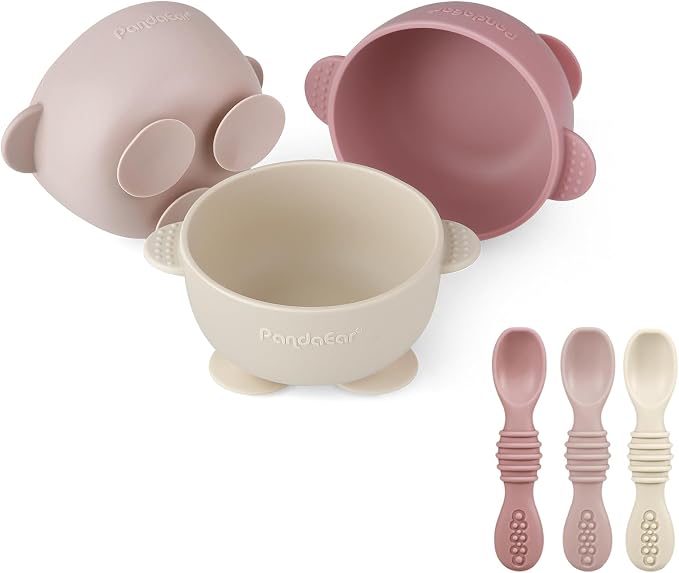 PandaEar 3 Pack Silicone Suction Baby Bowls & 3 Baby Feeding Spoons | Non-Slip by PandaEar