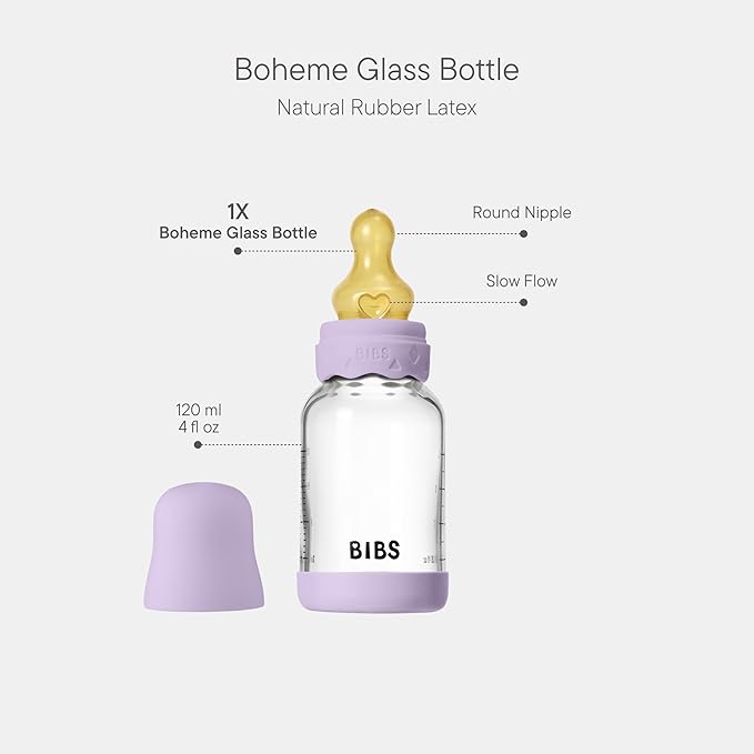 BIBS Boheme Baby Glass Bottle 4 oz /120 ml. Anti-Colic. Round Natural Rubber - Image 2