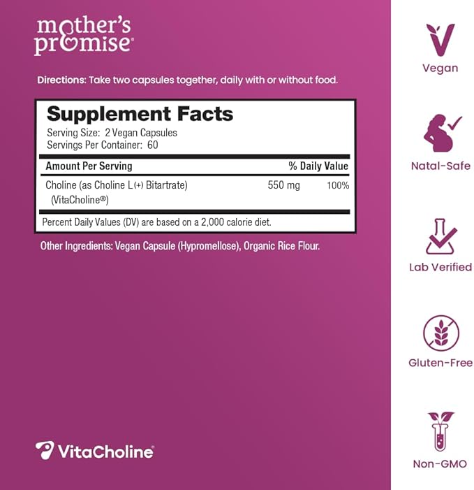 Prenatal Choline Supplements 550mg | 120 Capsules | Supports Baby’s Brain - Image 2