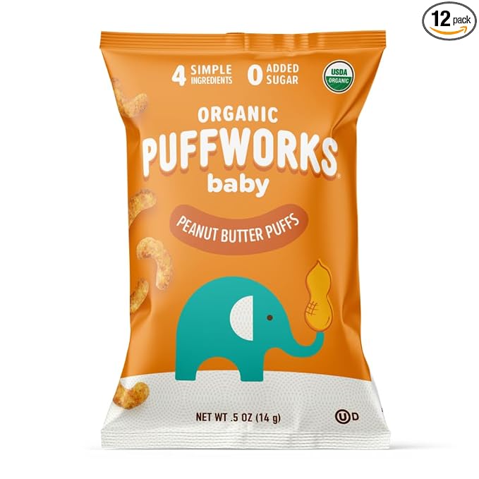Puffworks Baby Organic Peanut Butter Puffs, Plant-Based Protein, USDA Organic by Puffworks