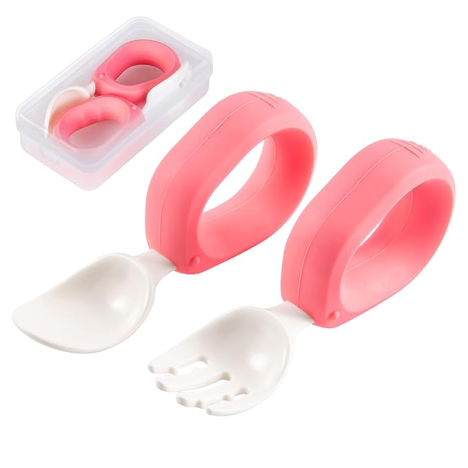 Training Spoon & Fork with Travel Case Pink | Toddler Self Feeding Utensil Set by HIWOOD
