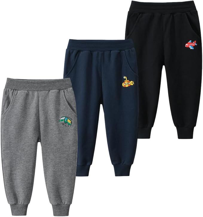 GFQLONG Toddler Boys 3 Pack Cotton Active Jogger Pants, Kids Cartoon Sweatpants by GFQLONG