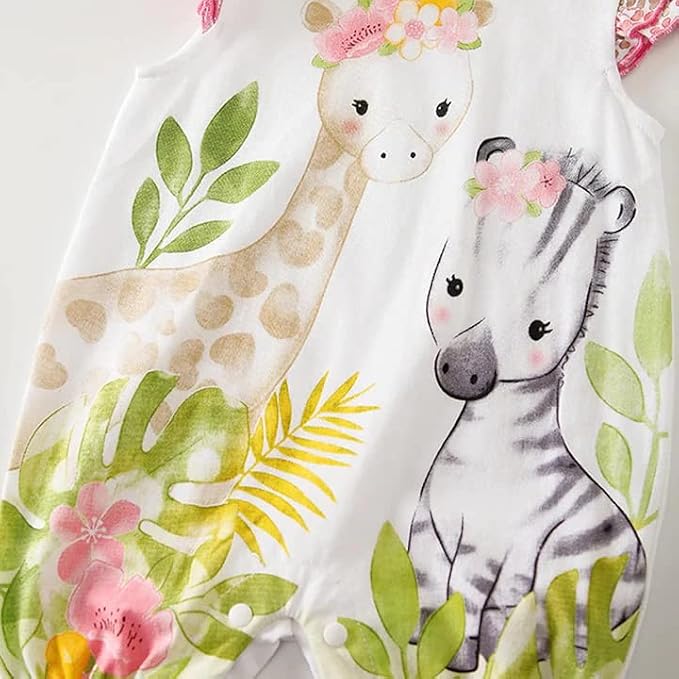 Cute Giraffe + Zebra With Floral Print Long Sleeve Baby Girl Clothes White - Image 5