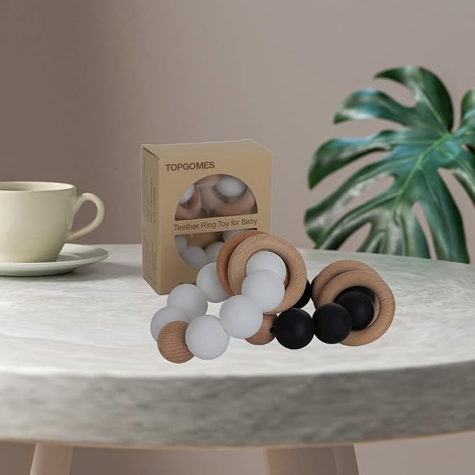 Silicone Baby Teether, Food Grade Silicone & Beech Baby Teething Toy, BPA Free - Image 6
