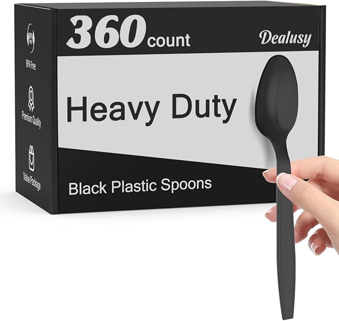 360 Count Black Plastic Spoons Disposable, Heat Resistant, Solid and Durable by Dealusy