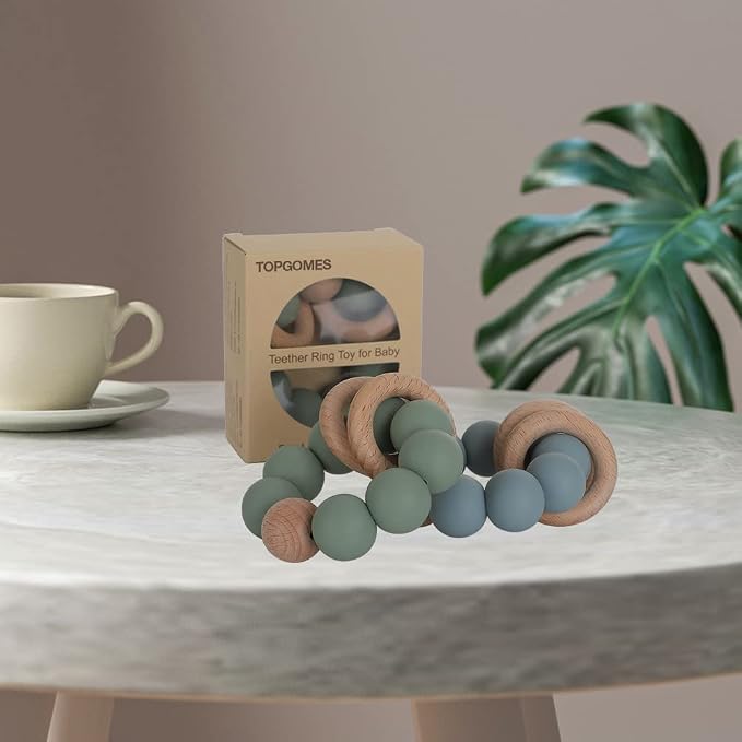 Silicone Baby Teether, Food Grade Silicone & Beech Baby Teething Toy, BPA Free - Image 6