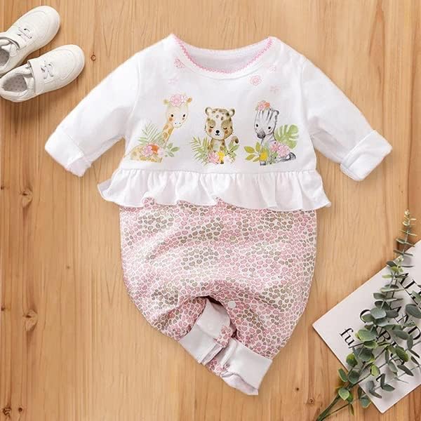 Cute Giraffe + Zebra With Floral Print Long Sleeve Baby Girl Clothes White - Image 2