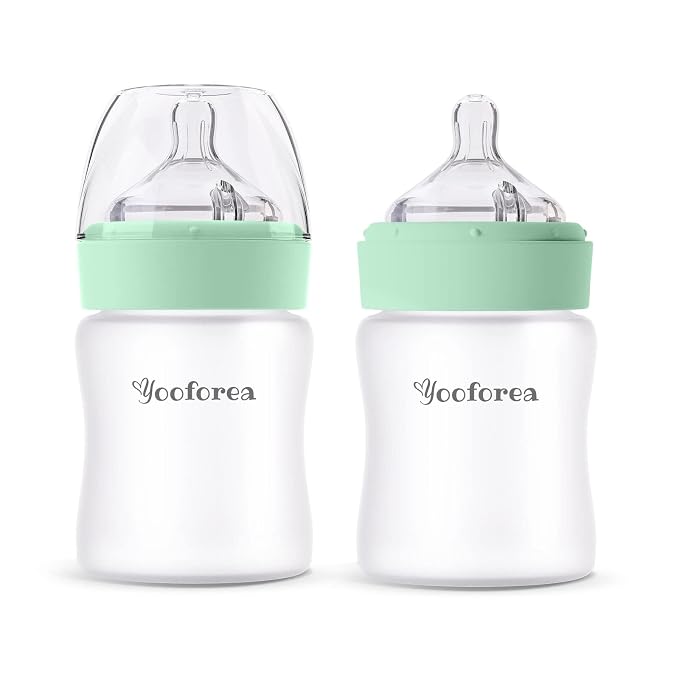 Yooforea Silicone Coated Glass Baby Bottle, 2M+ Medium Flow Nipple I Anti-Colic by Yooforea