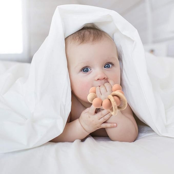 Silicone Baby Teether, Food Grade Silicone & Beech Baby Teething Toy, BPA Free - Image 3