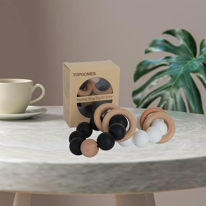 Silicone Baby Teether, Food Grade Silicone & Beech Baby Teething Toy, BPA Free - Image 6