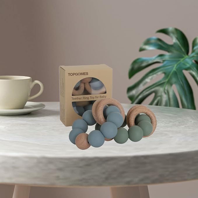 Silicone Baby Teether, Food Grade Silicone & Beech Baby Teething Toy, BPA Free - Image 6