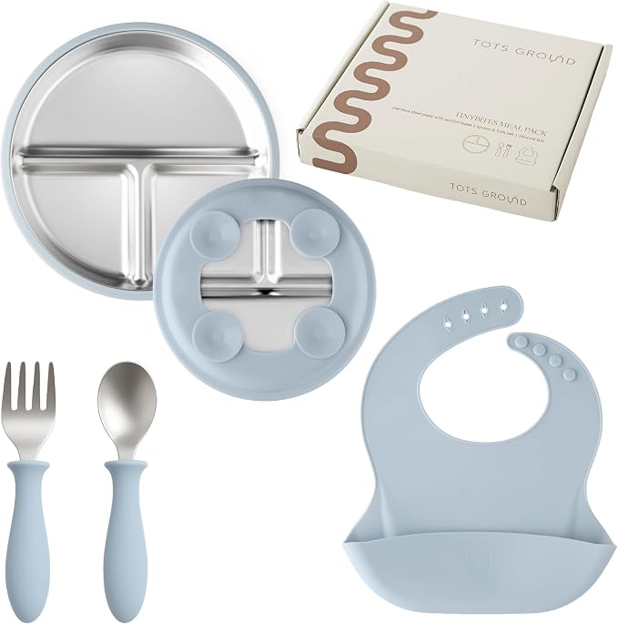 Stainless Steel Toddler Feeding Set 4 Pieces – Suction Plate, Silicone Bib by TotsGround