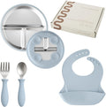 Stainless Steel Toddler Feeding Set 4 Pieces – Suction Plate, Silicone Bib by TotsGround