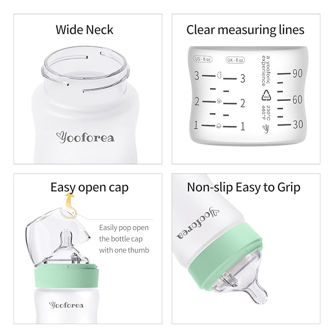 Yooforea Silicone Coated Glass Baby Bottle, 0M+ Slow Flow Nipple I Anti-Colic - Image 6