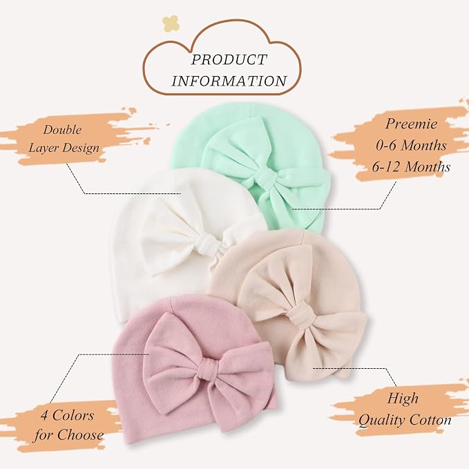 Bamery Newborn Baby Girl Hat Cotton Baby Bow Beanie Preemie Hats Spring Infant - Image 2
