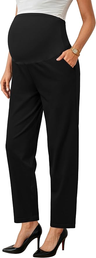 OUGES Womens Stretchy Maternity Over Belly Casual Work Straight Leg Pants Ankle by OUGES