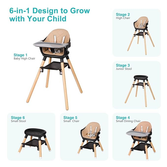 High Chair, 6 in 1 Wooden Convertible High Chairs - Image 2