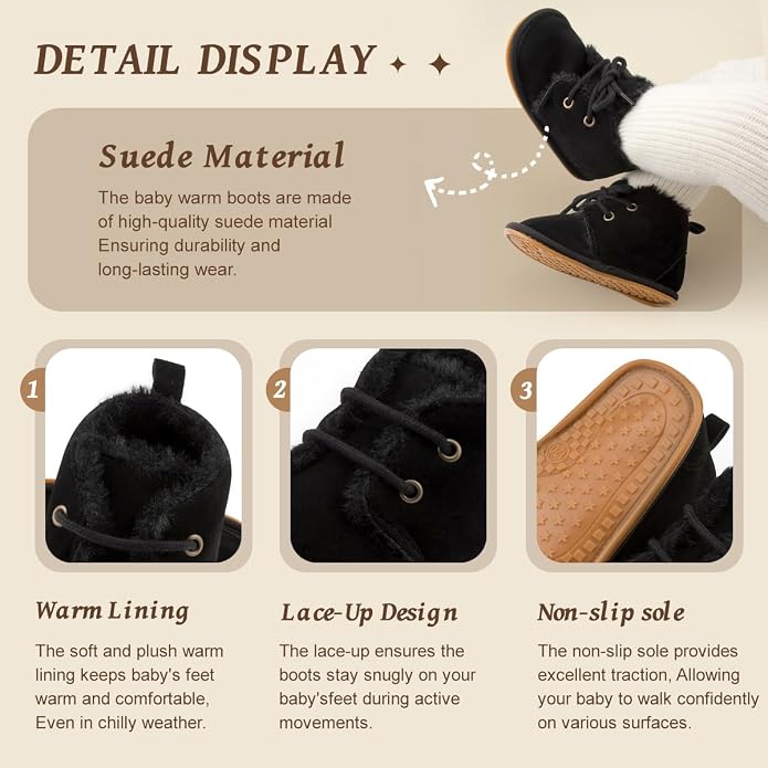 Baby Unisex Warm Snow Boots Newborn Leather Fur Lace Up Ankle Anti-Slip Rubber - Image 3