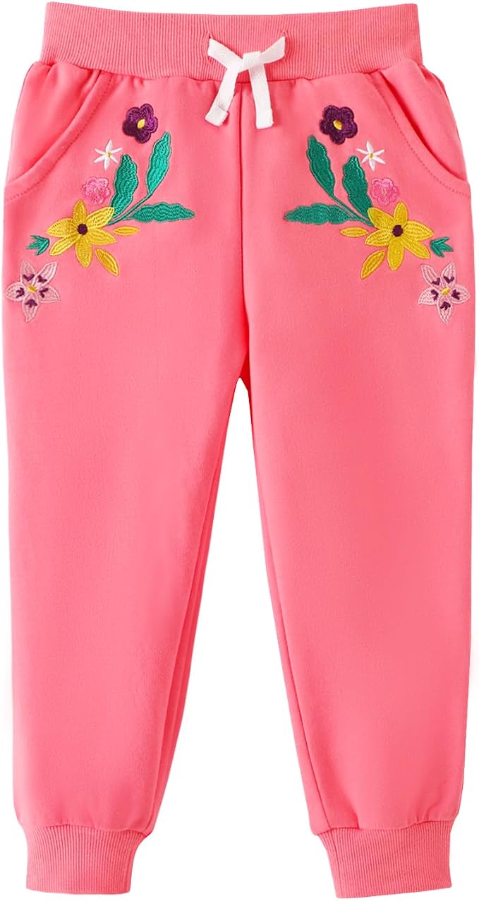 HILEELANG Girls Cotton Joggers Sweatpants Embroidery Drawstring Waist Pockets - Image 5