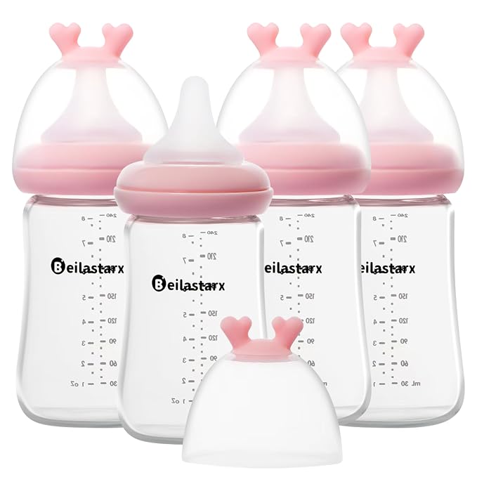 Glass Baby Bottles with Natural Response Nipple Size M by Beilastar-x