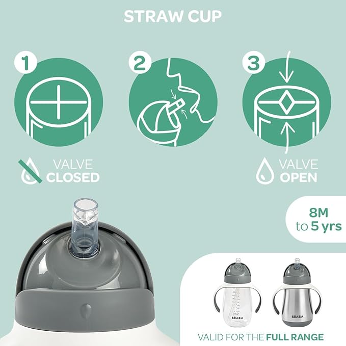 Beaba Stainless Steel Straw Sippy Cup, Insulated Toddler Cups Spill Proof - Image 4
