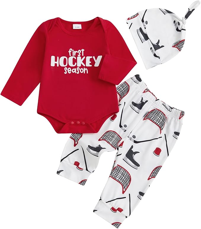 Baby Boy Hockey Outfit New Player in Town Long Sleeve Romper Long Pants Hat Set by Doqcey
