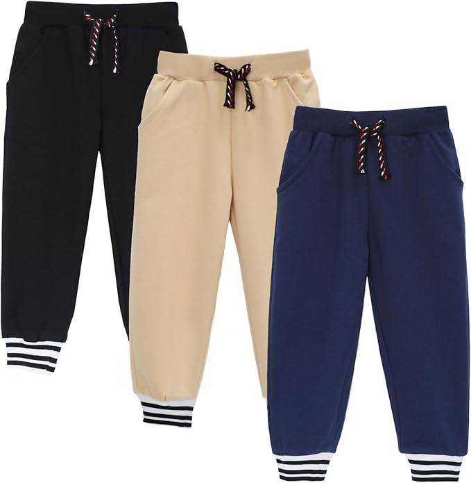 HILEELANG Toddler Boys Cotton Jogger Sweatpants 3 Pack, Soft Adjust Elastic - Image 2