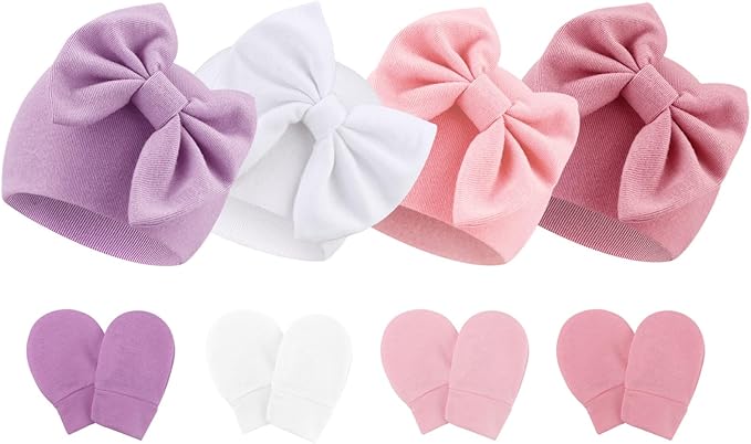 BQUBO Newborn Baby Hats Mittens Set Hospital Hat Beanie Infant Bow Hats Baby by DRESHOW