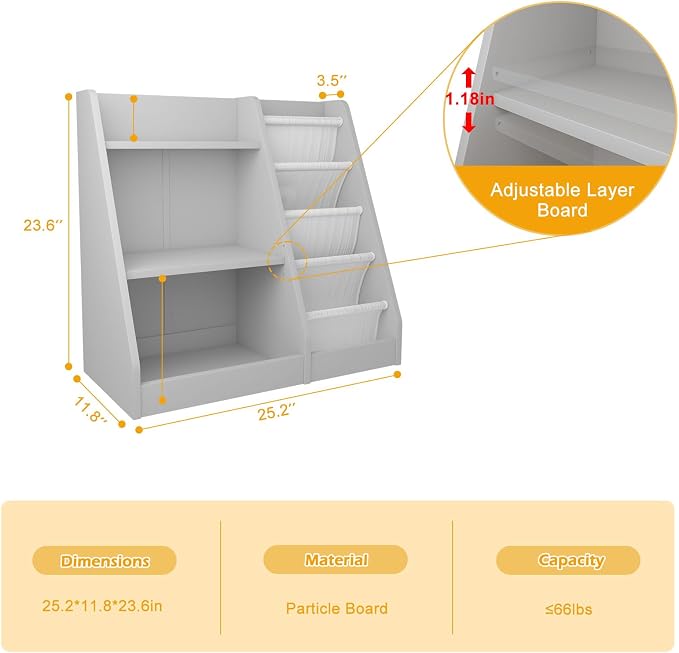 Gray Nursery Bookshelf for Kids 3 Tier Wood Shelf 4 Sling Baby Toddler Bookcase - Image 3