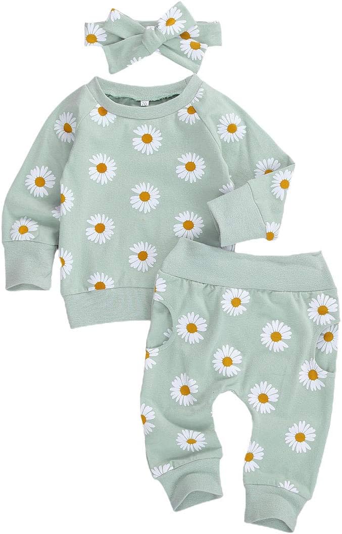 3Pcs Baby Girl Outfits Daisy Sweatshirt + Pants + Headband Infant Fall Winter by CIYCUIT