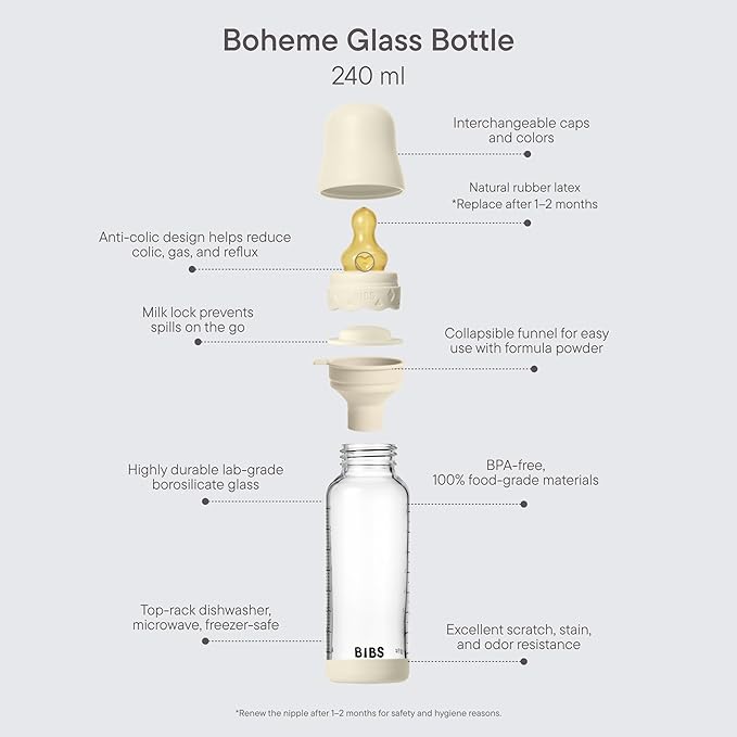 BIBS Boheme Baby Glass Bottle 8 oz /240 ml. Anti-Colic. Round Natural Rubber - Image 3
