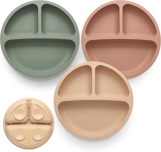 Suction Plates for Baby 3 pack, Stay Put Divided Toddler Plates, 100% Food by Eascrozn