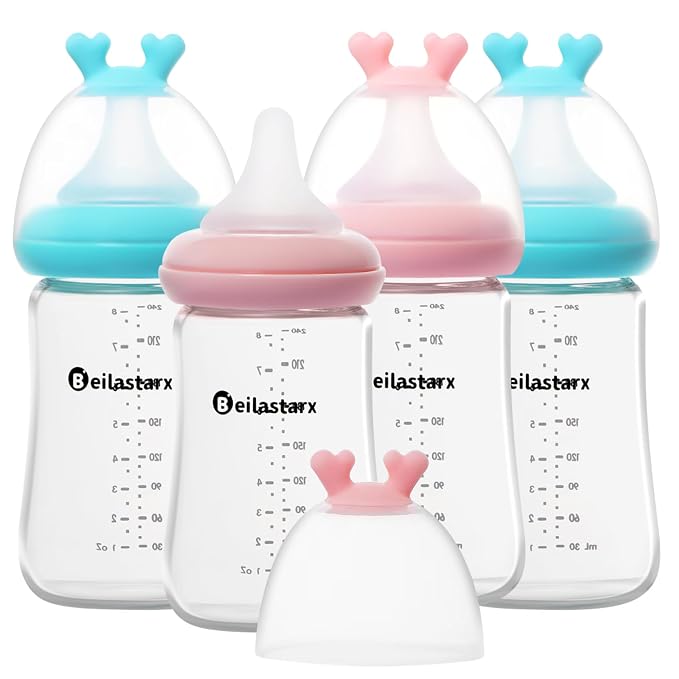 Glass Baby Bottles with Natural Response Nipple Size M by Beilastar-x
