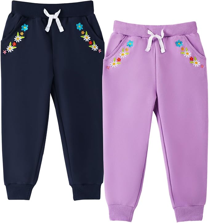 HILEELANG Girls Cotton Joggers Sweatpants Embroidery Drawstring Waist Pockets by HILEELANG