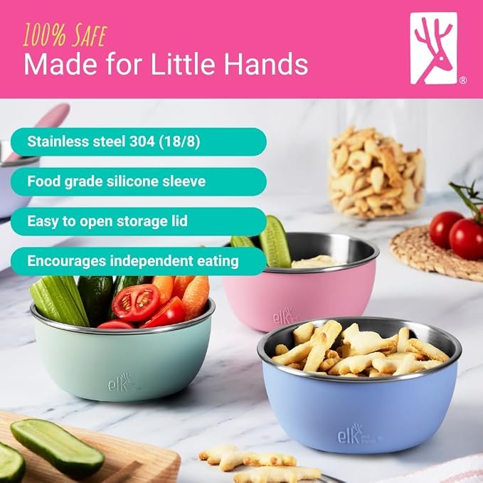 Elk and Friends Stainless Steel Bowls + Silicone Sleeve and Storage Lid | Baby - Image 3