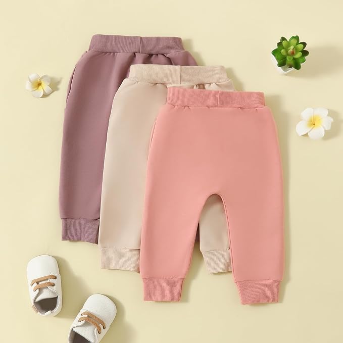 Sejardin Toddler Baby Boy Girl Pants 3 Pack Solid Color Elastic Waist Jogger - Image 3