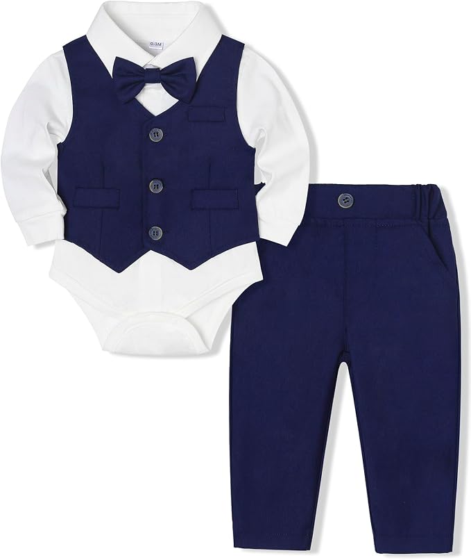 Baby Boy Clothes Suits Infant Gentleman Wedding Outfit Formal Dress Shirt Vest by Juivesia