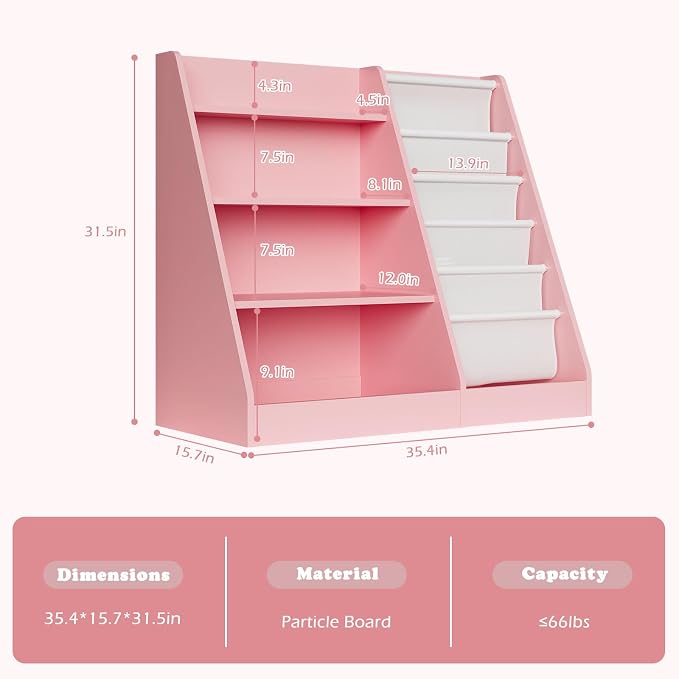 Pink 4-Tier Kids Wooden Bookshelf, 5 Layer Sling Bookcase, Baby Storage Book - Image 3