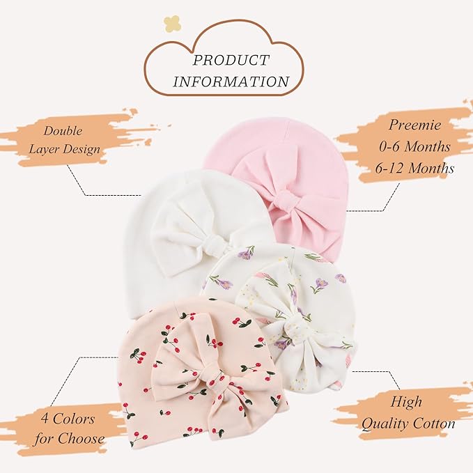 Bamery Newborn Baby Girl Hat Cotton Baby Bow Beanie Preemie Hats Spring Infant - Image 2