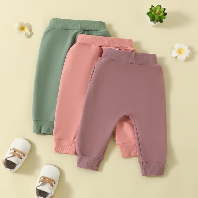 Sejardin Toddler Baby Boy Girl Pants 3 Pack Solid Color Elastic Waist Jogger - Image 3