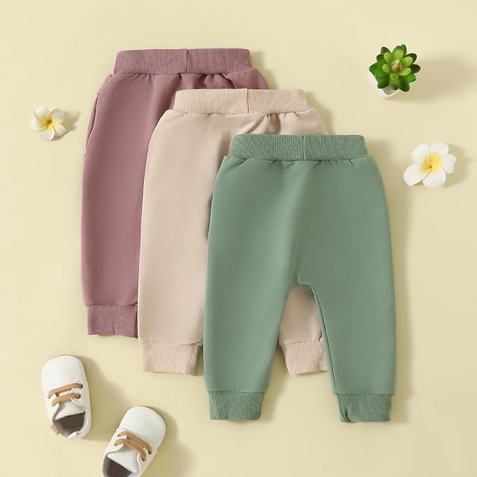 Sejardin Toddler Baby Boy Girl Pants 3 Pack Solid Color Elastic Waist Jogger - Image 3