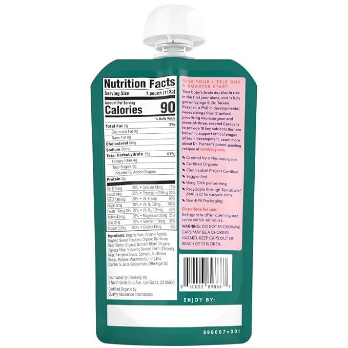 Cerebelly Organic Baby Food Pouches, Kale Sweet Potato Apple Purees, 16 - Image 3